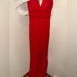 David's Bridal Red Lace V-Neck Formal Gown with Side Drape